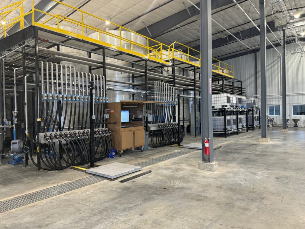 Liquid fertilizer and Agriculture chemical pipe rack and bulk container repack station engineered by Stueve