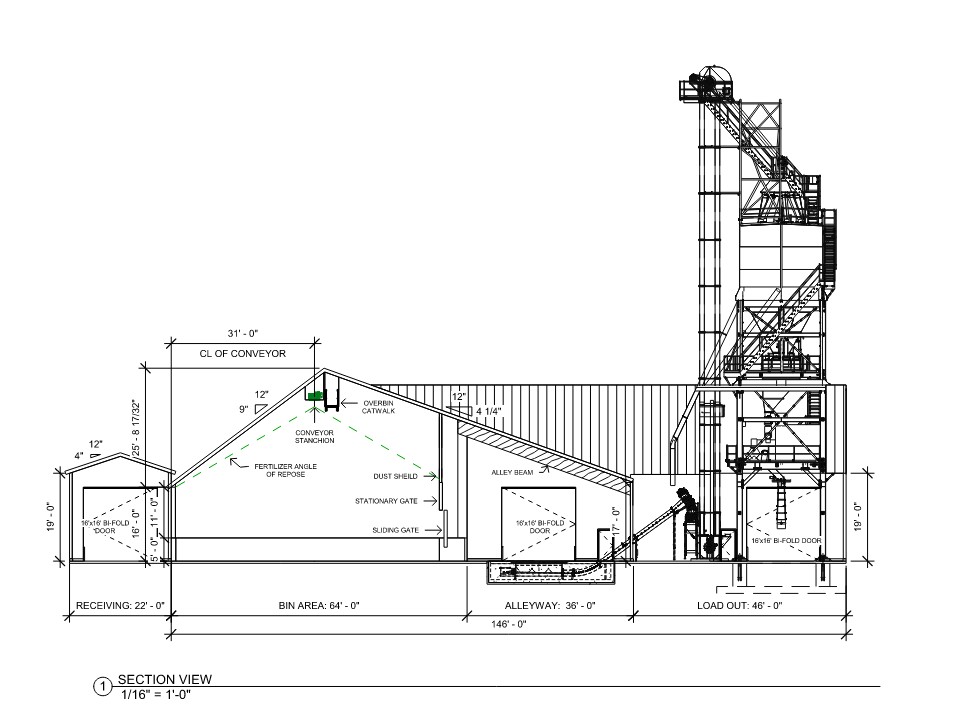 Drawing of a Fertilizer building using plans by stueve construction with a sackett waconia blend tower