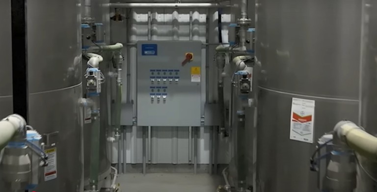 Liquid fertilizer tanks inside a Stueve fertilizer plant made of stainless steel and has a kahler control panel