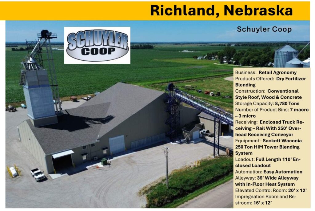 Nebraska Dry Fertilizer building with sackett tower and farm fields built by Stueve construction