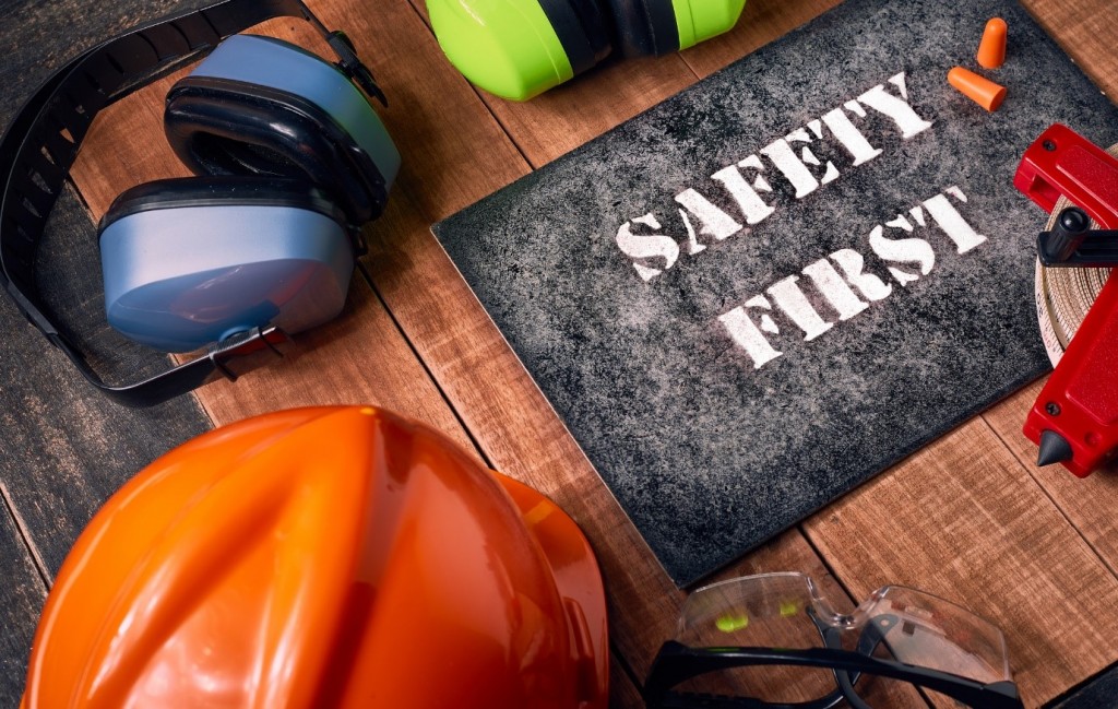 Construction Safety reminder with hard hat and eye protection