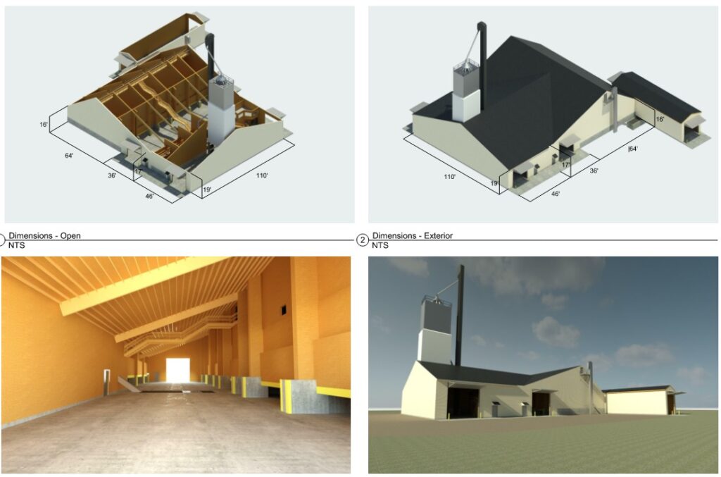 3D drawing of a dry fertilizer building built by stueve construction