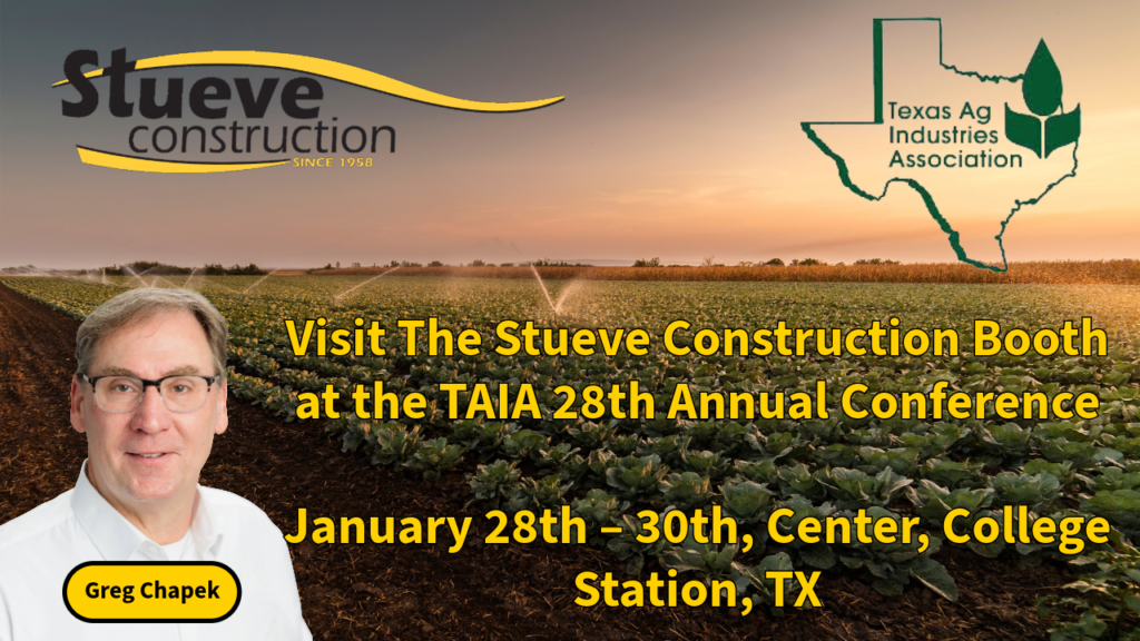 texas ag industries logo with stueve construction sales rep in from of agricultural background